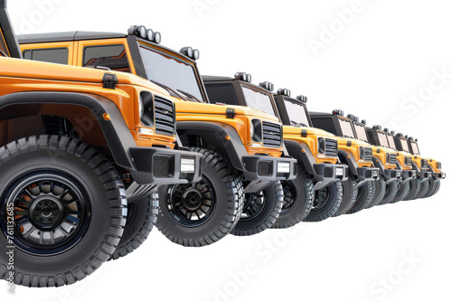 
Luxury offroad car fleet in a row devoid of branding isolated on a white background first person view realistic daylight