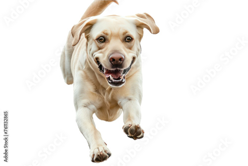  Labrador Retriever dog running and jumping isolated on white background. Realistic daytime first person perspective