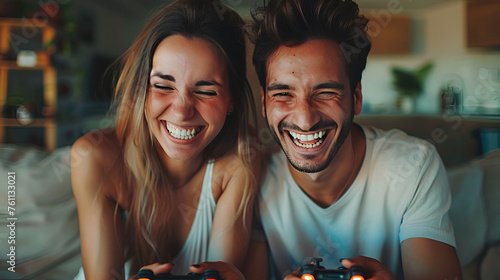 laughing couple playing a video game with joysticks on a sofa, generative Ai photo