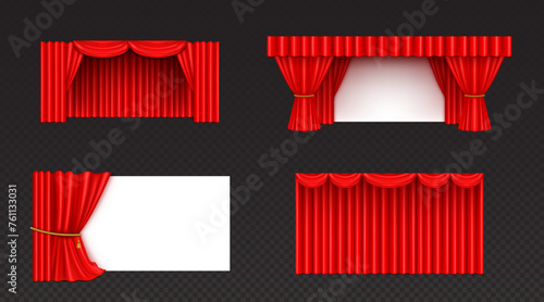 Red theater stage curtains set isolated on transparent background. Vector realistic illustration of open, closed velvet cloth drapery for show scene decoration, concert hall interior design elements