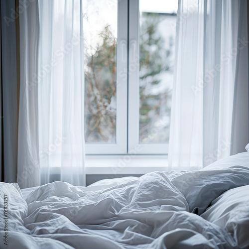 Close up of bed with white bedding against window. Generative AI