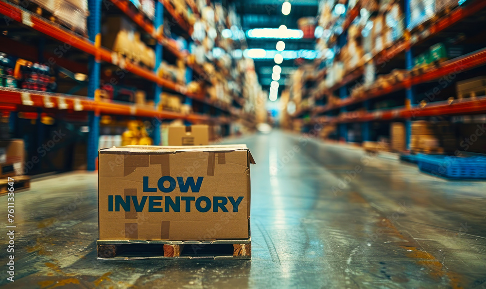 Cardboard box with LOW INVENTORY label on a warehouse shelf, indicating stock shortages and supply chain management issues in a distribution center - obrazy, fototapety, plakaty 