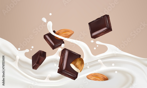 Milk with chocolate and almonds splashing isolated on solid color background. Realistic vector in 3D elements. Food concept.