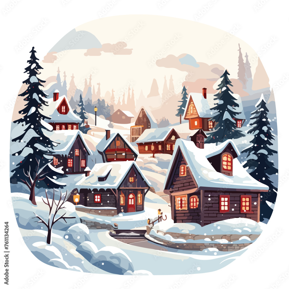 A cozy winter village scene with snow-covered cotta
