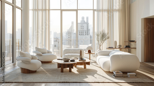 Serene living room with sleek white furnishings and large windows with natural light