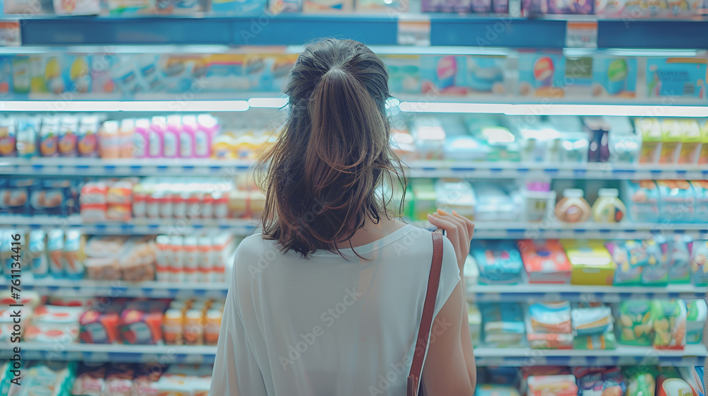 A woman comparing products in a grocery store super, generative Ai