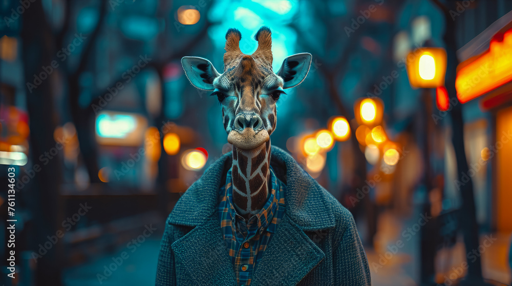 Graceful giraffe strolls through city streets in tailored splendor, epitomizing street style. The realistic urban setting captures the long-necked charm seamlessly merged with contemporary fashion all - obrazy, fototapety, plakaty 