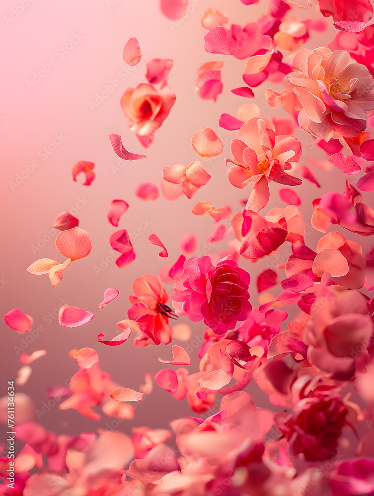 Enchanting Shower of Pink Rose Petals and Flowers in Soft Light