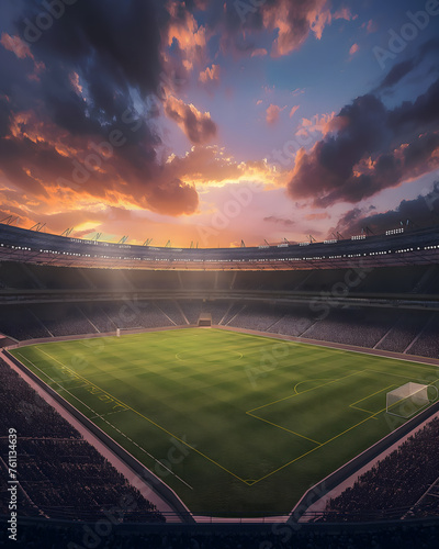 Dramatic Sunset Over a Lush Soccer Stadium Filled with Spectators
