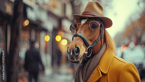 Majestic horse strides through city streets adorned in tailored sophistication, embodying street style. The realistic urban setting captures the grandeur of equine elegance fused with contemporary fas © Дмитрий Симаков