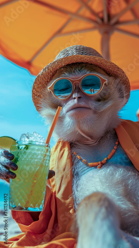 A monkey in human clothes lies on a sunbathe on the beach, on a sun lounger, under a bright sun umbrella, drinks a mojito with ice from a glass glass with a straw, smiles, summer tones, bright rich co © Дмитрий Симаков