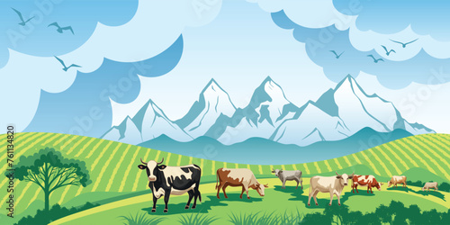 View of spring alpine landscape, countryside, cows grazing in a alpine meadow, vector illustration