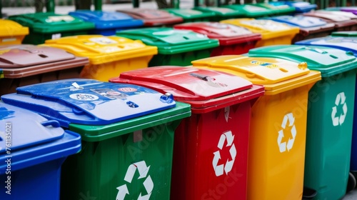 An array of colorful recycling bins with labels for sorting different types of recyclable materials © basketman23