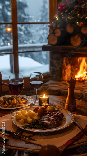 Cozy Winter Dinner by the Fireplace with Grilled Steak and Wine