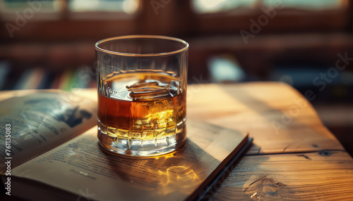 A glass of whiskey sits on a wooden table next to an open book