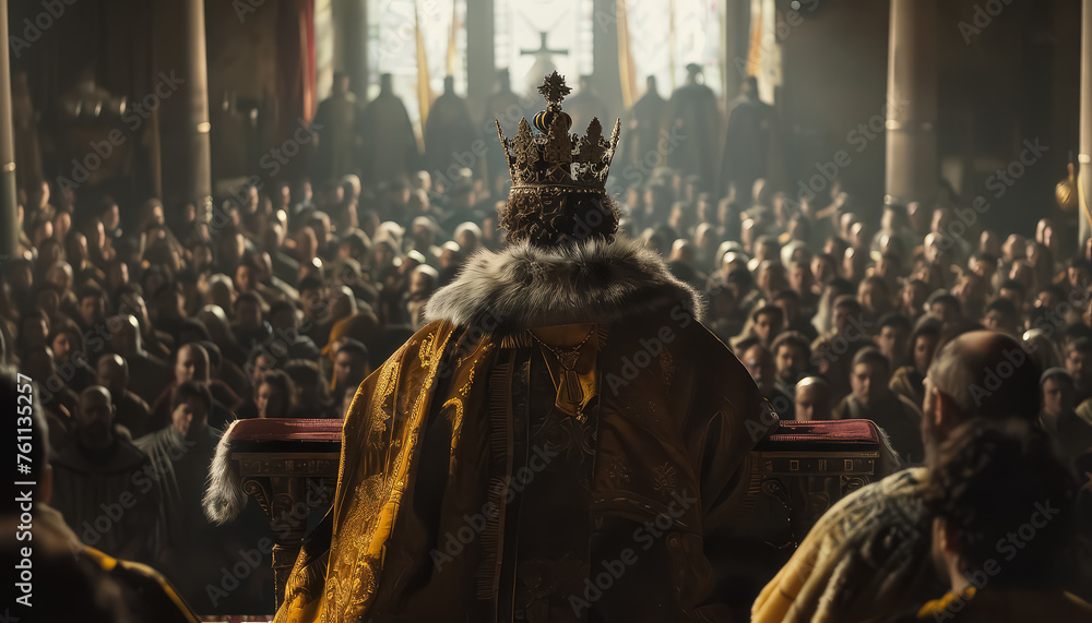 king stands in front of a crowd of people in a church