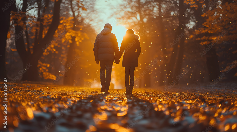 Romantic Walk in a Golden Autumn Forest at Sunset - obrazy, fototapety, plakaty 