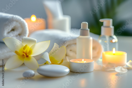 Serene Spa Setting with Towels, Candles, and Flowers in Soft Light