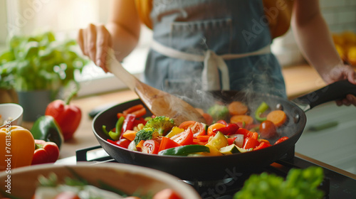 Woman cooking a low-fat stir-fry focus on fresh ingredients