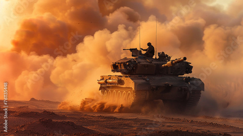 A generic military armored vehicle crosses minefields and smoke in the desert.