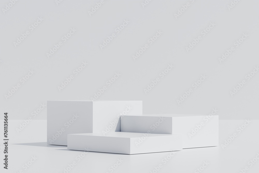 3d Abstract white room with realistic white square pedestal podium set and leaf shadow overlay. Minimal design scene for stage product display presentation. Geometric platform. 3D render illustration. 3d Abstract white room with realistic white square pedestal podium set and leaf shadow overlay. Minimal design scene for stage product display presentation. Geometric platform. 3D render illustration.