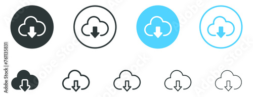 download icon button set, cloud symbol with arrow down icon -  import or save icon, data storage database icons