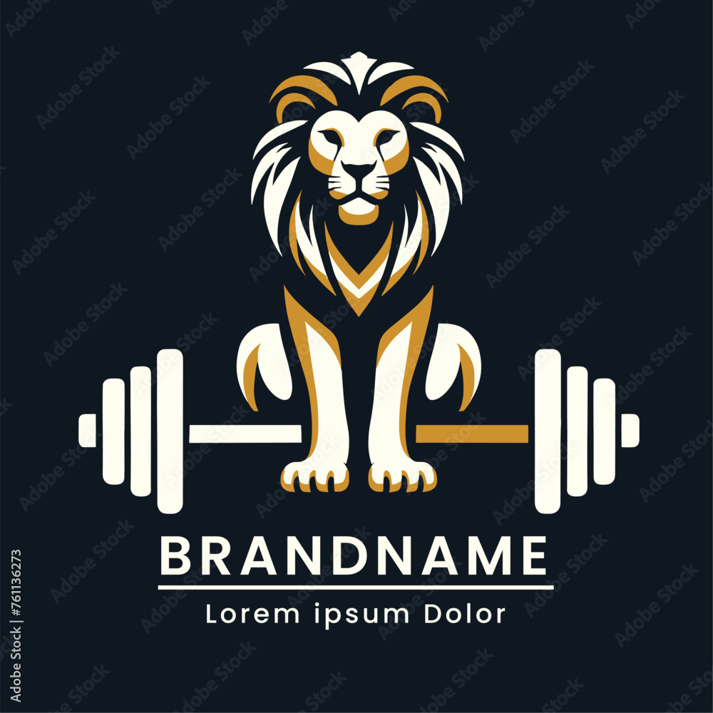 Fototapeta premium logo lion sitting barbell color yellow and white modern professional fitness style