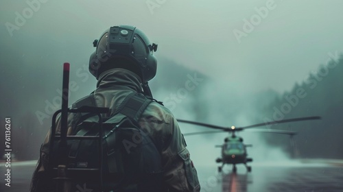 Ein Soldat der Luftwaffe steht vor einem Helikopter  photo