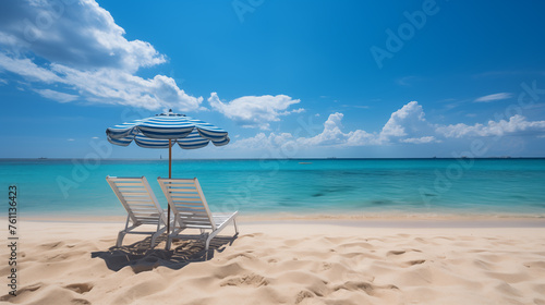 Sunny beach with colored umbrella and chaise-sun lounger on a clean sand. Tropical landscape, picture of a paradise © lisssbetha