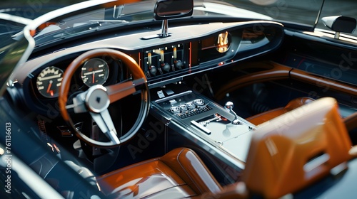 Vintage car interior with steering wheel, dashboard, and speedometer