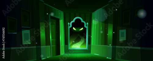 Dark corridor interior with haunted eyes in mirror. Creepy mystery horror indoor design with danger evil creature. Night green Halloween dream and lurking monster starring imagination illustration