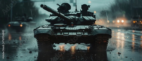 Ein fahrender Panzer bei Regen  photo