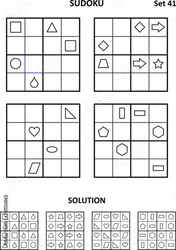 Sudoku - four picture puzzles for brain workout. Print and draw shapes to fill in the blanks.Suitable both for kids and adults. Answers included. Set 41.
