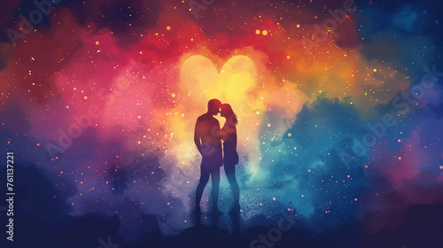 A man and a woman stand together, surrounded by a colorful heart, symbolizing their love and unity during Pride Month