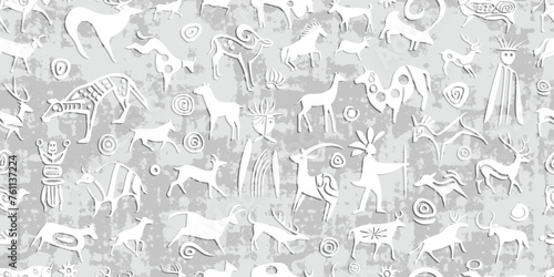Seamless petroglyph pattern, rock paintings, light gray background, vector design	
