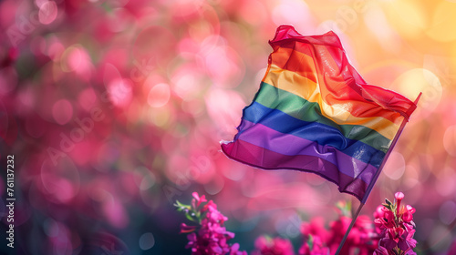 A rainbow flag flutters proudly in a field of lush purple flowers, creating a striking contrast against the colorful blooms