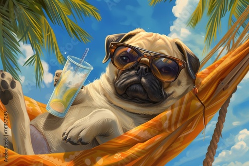 A pug in a hammock with glasses