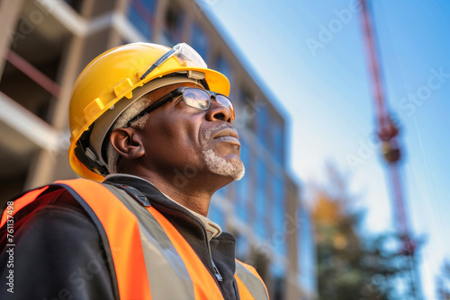 An elderly dark-skinned man in a hard hat and safety vest at a construction site