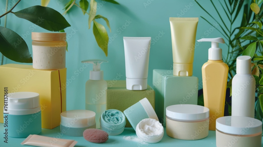 A collection of eco-conscious personal care products packaged in recyclable or biodegradable containers A collection of eco-conscious personal care products packaged in recyclable or biodegradable containers