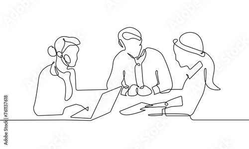 Business People Group Talking Trendy Line Art Drawing. People Talking Minimalistic Black Lines Drawing on White Background. Continuous One Line Abstract Drawing. Business Meeting Vector Drawing