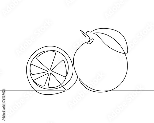 Continuous Line Drawing Of Lemon Fruit Branch with Leaves Black Sketch Isolated on White Background. Lemon Branches One Line Minimalist Drawing. Vector EPS 10.