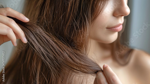 A woman is shown in the process of brushing her hair with a brush, with her hair blowing in the wind. This image depicts hair care and styling