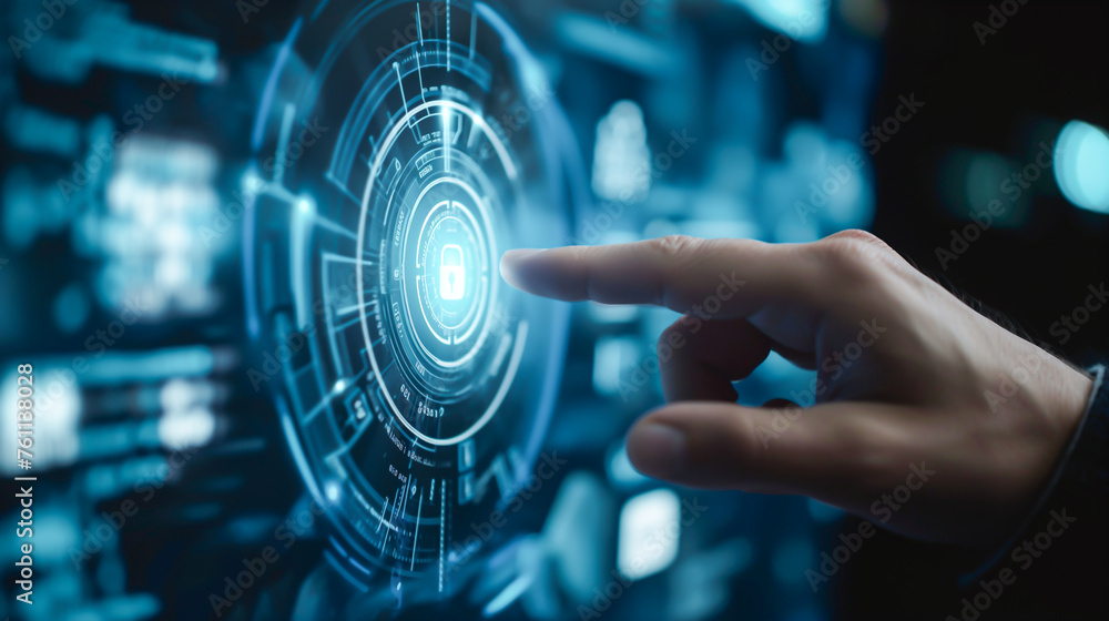 A hand is pointing to a blue circle with a padlock on it, cyber security concept A hand is pointing to a blue circle with a padlock on it, cyber security concept