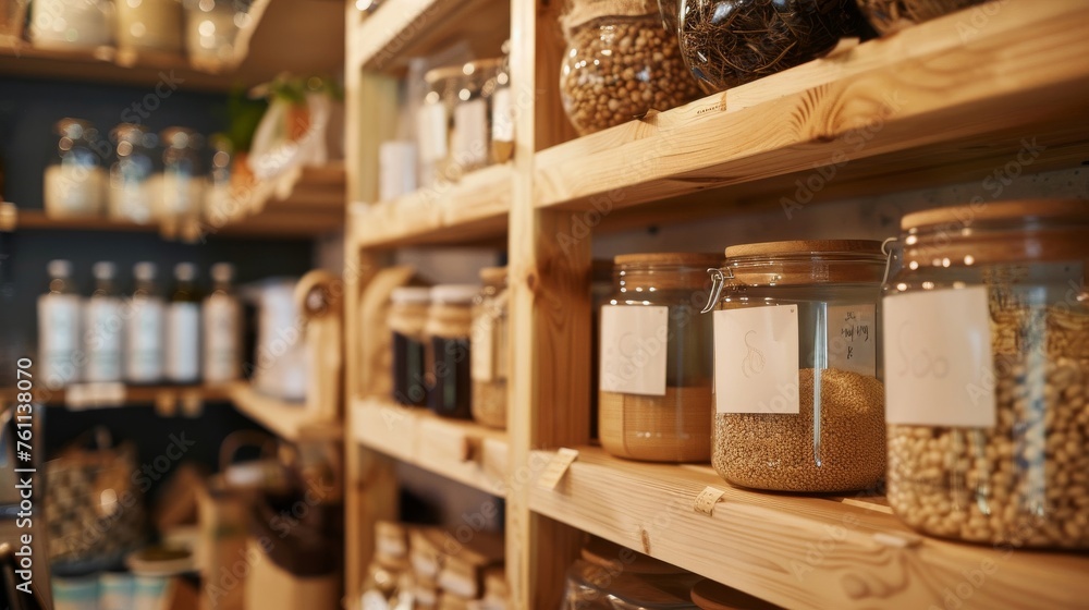 A close-up of a zero-waste lifestyle store offering package-free bulk goods,  reusable containers,  and sustainable alternatives to single-use items
