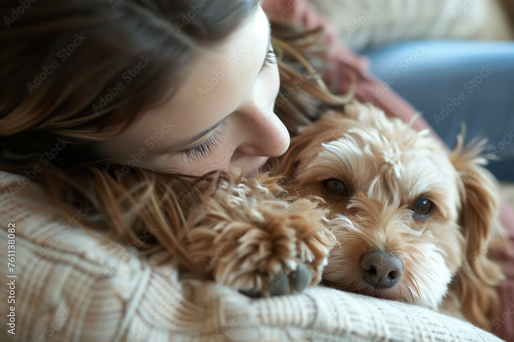 Close-Up of a Woman Cuddling Her Beloved Pet Dog Close-Up of a Woman Cuddling Her Beloved Pet Dog
