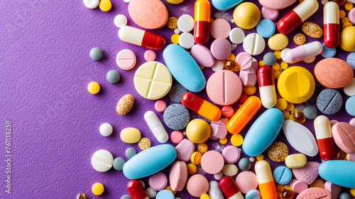 Top-down view of pills on a purple backdrop, showcasing the array of medications for wellness photo
