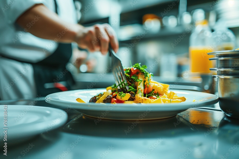 Chef Garnishing Dish in Professional Kitchen Chef Garnishing Dish in Professional Kitchen