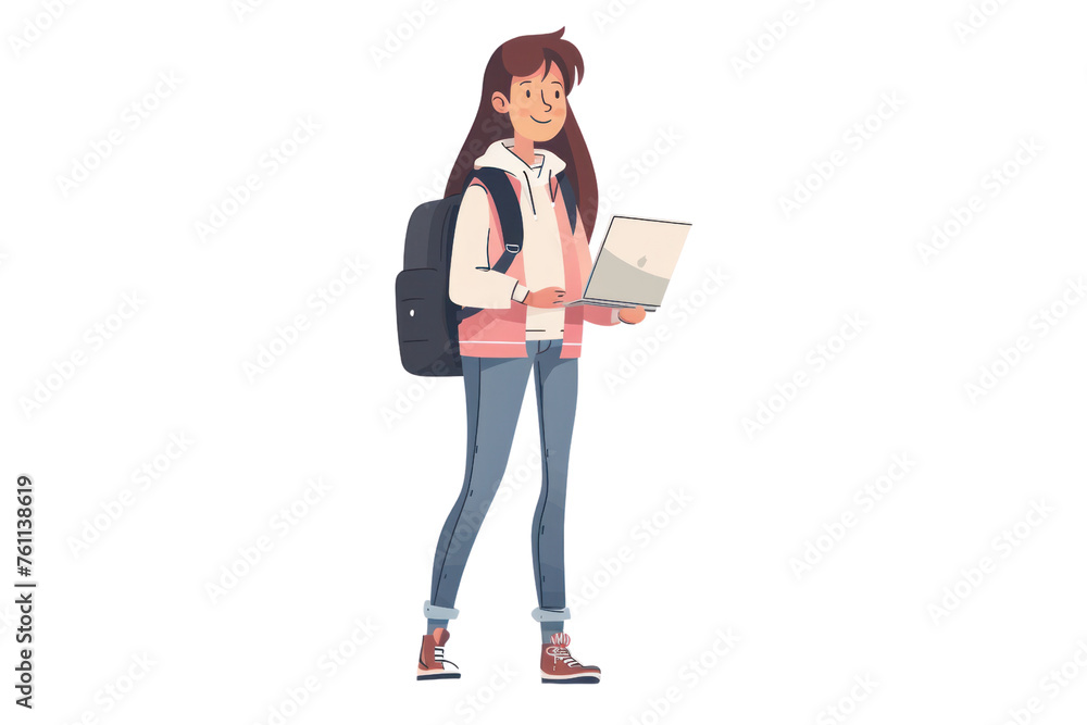 Happy student girl with backpack standing and holding laptop isolated on a white background first person view realistic daylight
Happy student girl with backpack standing and holding laptop isolated on a white background first person view realistic daylight
