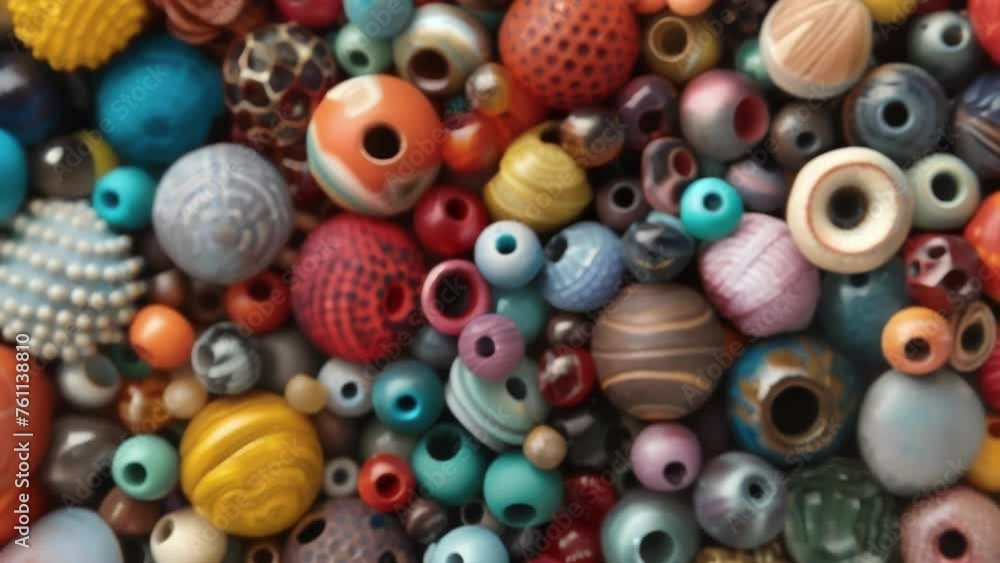 A of colorful beads each with its own unique texture and shape creating a dynamic and varied composition when viewed up close. A of colorful beads each with its own unique texture and shape creating a dynamic and varied composition when viewed up close.