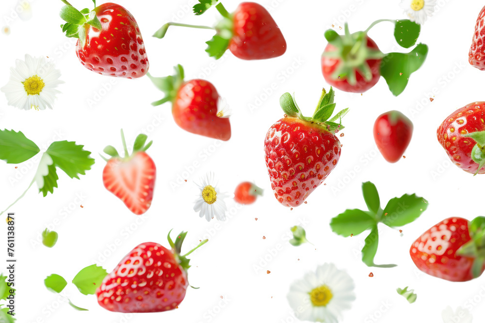 Fresh sweet strawberry berries with flower and leaves flying falling isolated on white background Realistic daytime first person perspective
Fresh sweet strawberry berries with flower and leaves flying falling isolated on white background Realistic daytime first person perspective